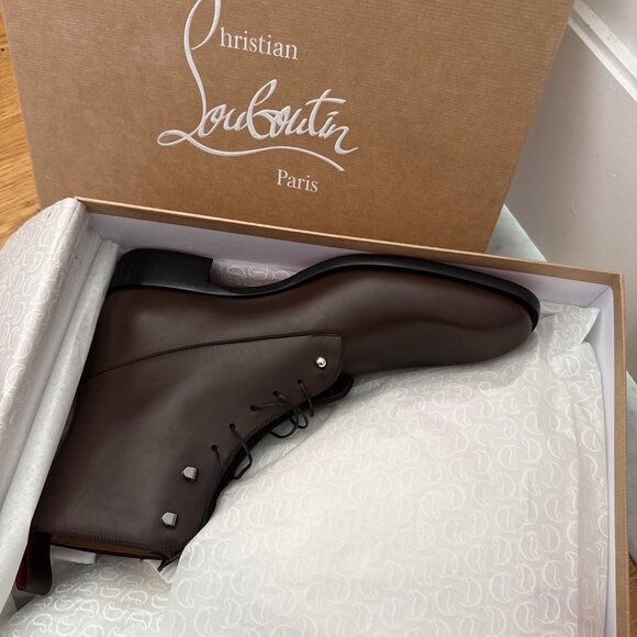 NWT Christian Louboutin Chambeliboot Flat Booties In Cosme Brown Leather Lace Up - Picture 4 of 12